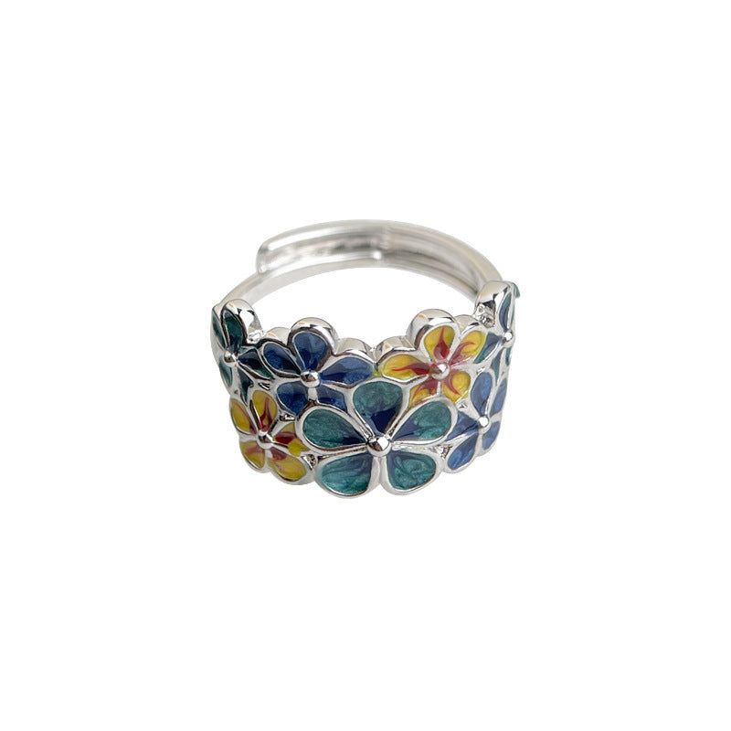 Blooming Flowers ~ Artistic Retro Blue Enamel Drop Glaze Flower Ring